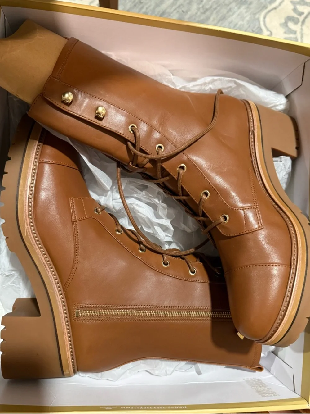 Michael Kors Luggage Brown Leather Lace-Up Ankle Boots - Picture 2 of 6